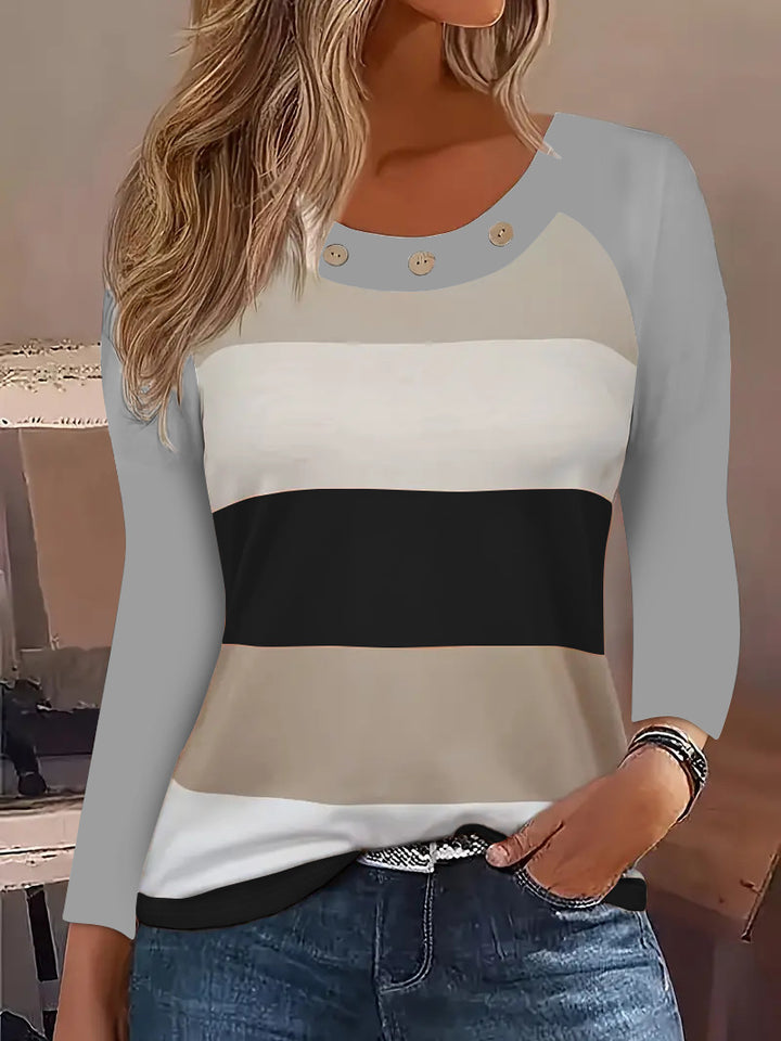 Damen Langarm T-Shirt mit modischem Streifenmuster und dekorativen Knöpfen Drune