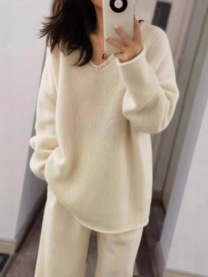 Damen Oversize V‑Ausschnitt Pullover im Mohair‑Look mit überschnittener Schulter und gerundetem Saum Drune