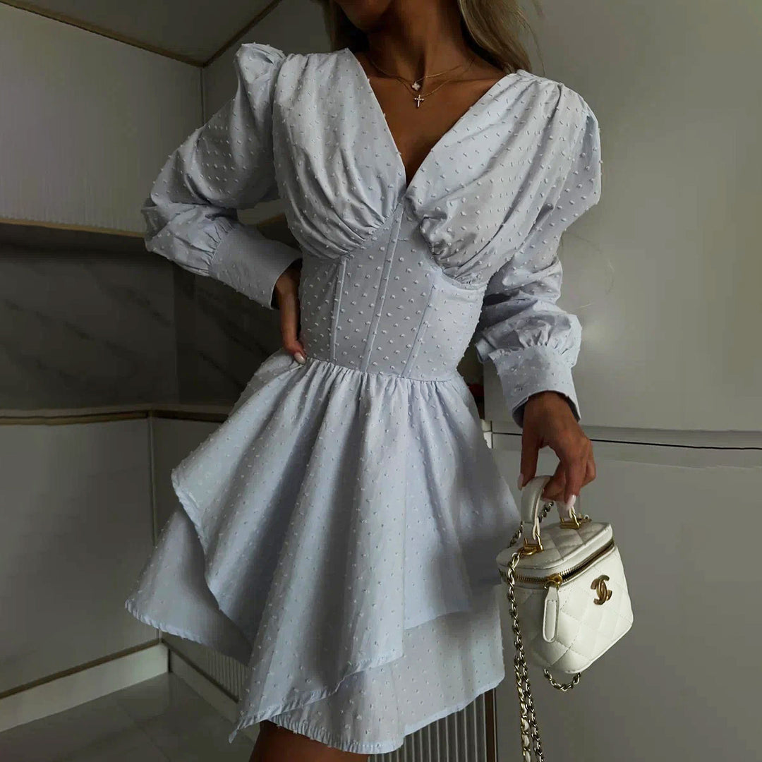 Damen verspieltes Wickelkleid mit voluminösen Ärmeln und asymmetrischem Saum Drune