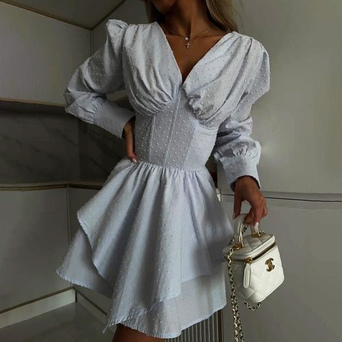 Damen verspieltes Wickelkleid mit voluminösen Ärmeln und asymmetrischem Saum Drune
