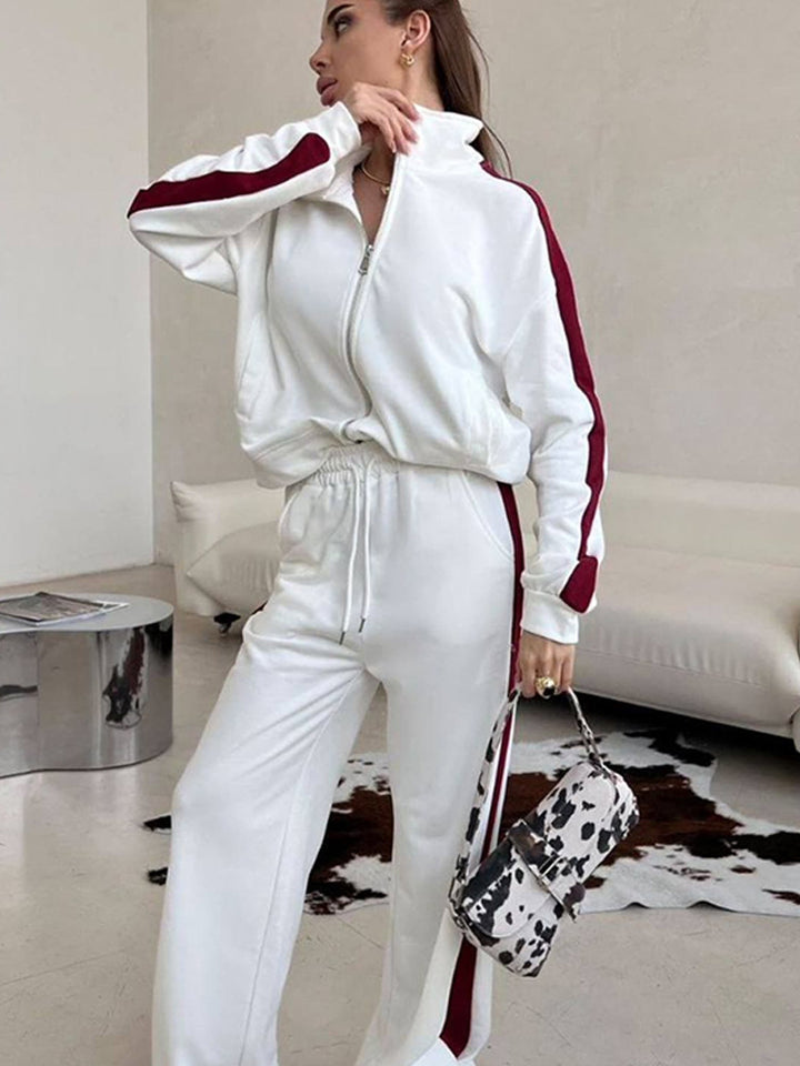 Damen Relaxed-Loungewear-Set mit kurzem Zip-Hoodie und weiter Palazzo-Jogginghose mit Seitenpaspel Drune