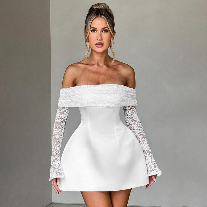 Damen verspieltes Minikleid mit schulterfreiem Design und eleganten Spitzenärmeln Drune