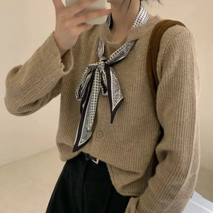 Damen lässige Strickjacke mit dekorativem Halstuch Drune