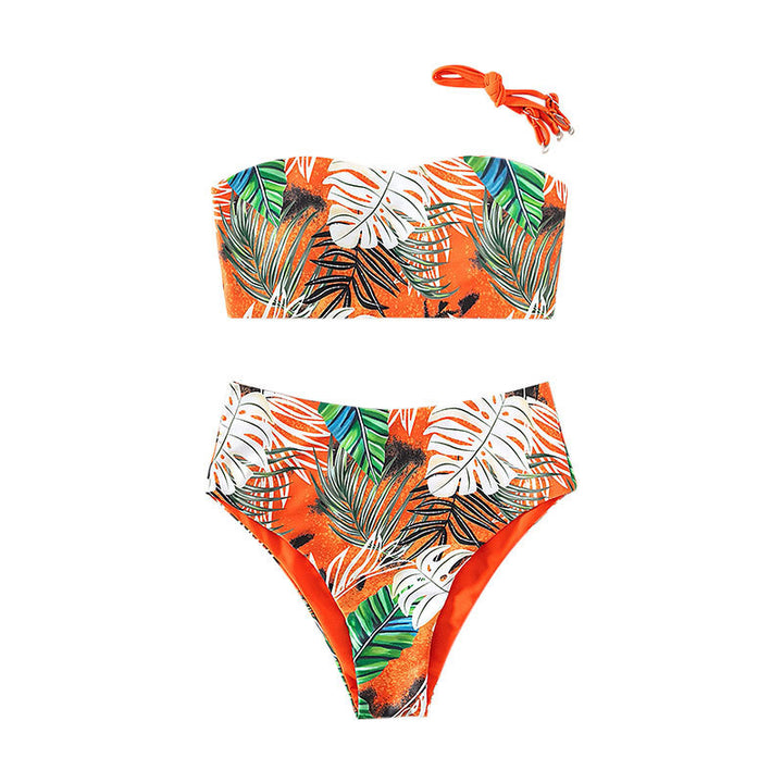 Damen Bandeau-Bikini mit lebhaftem Tropenmuster und hohem Taillenschnitt Drune