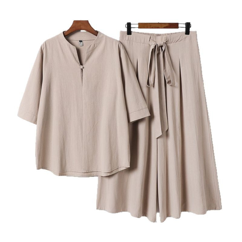 Damen Lässiges Leinen-Viskose Lounge-Set mit Stehkragen-Oberteil und weiten Palazzo-Hose Drune