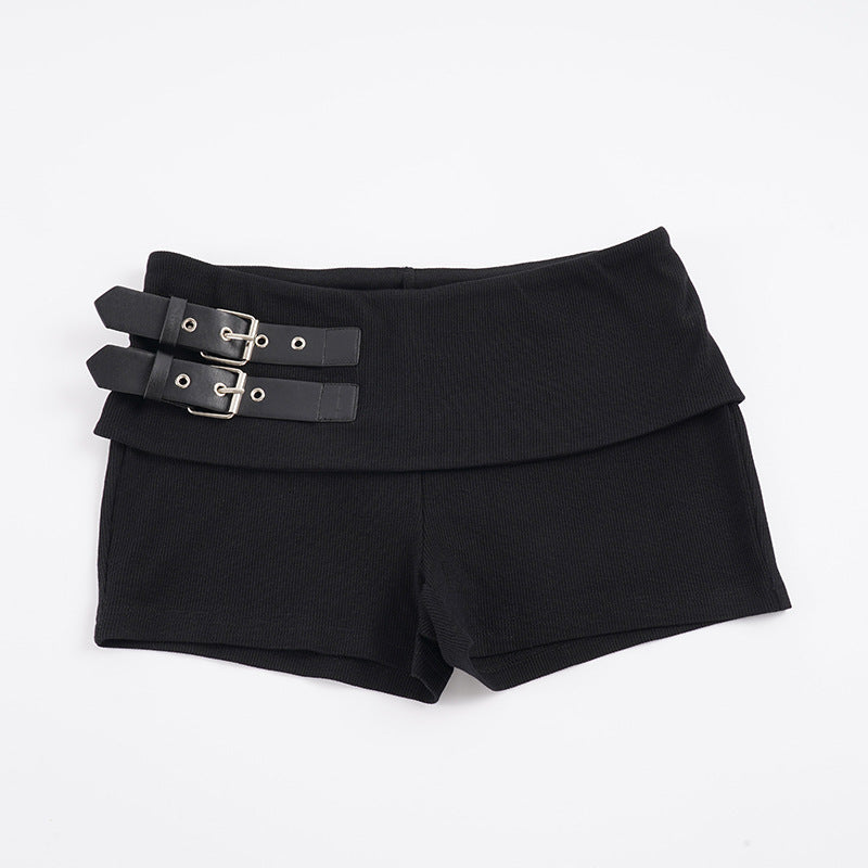 Damen elegante Shorts mit dekorativen Riemen und hohem Bund Drune