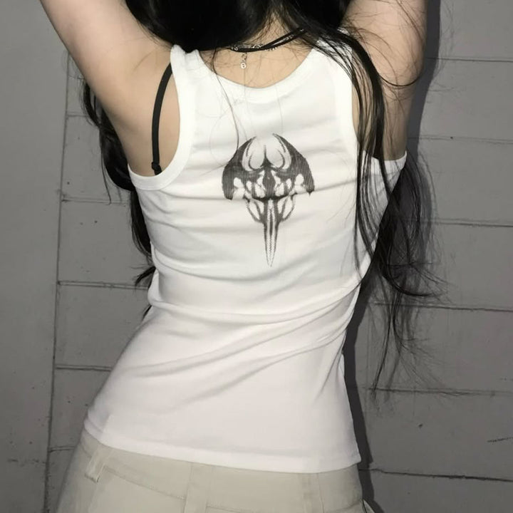 Damen Trendiges Oversized Tanktop mit auffälligem Grafikdruck und Rüschen Drune