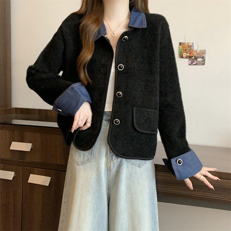 Damen gemütliche Strickjacke mit kontrastierenden Denim-Ärmeln Drune