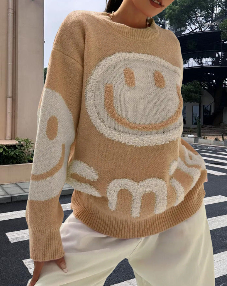 Damen Strickpullover mit fröhlichem Emoji-Motiv und komfortablem Schnitt Drune