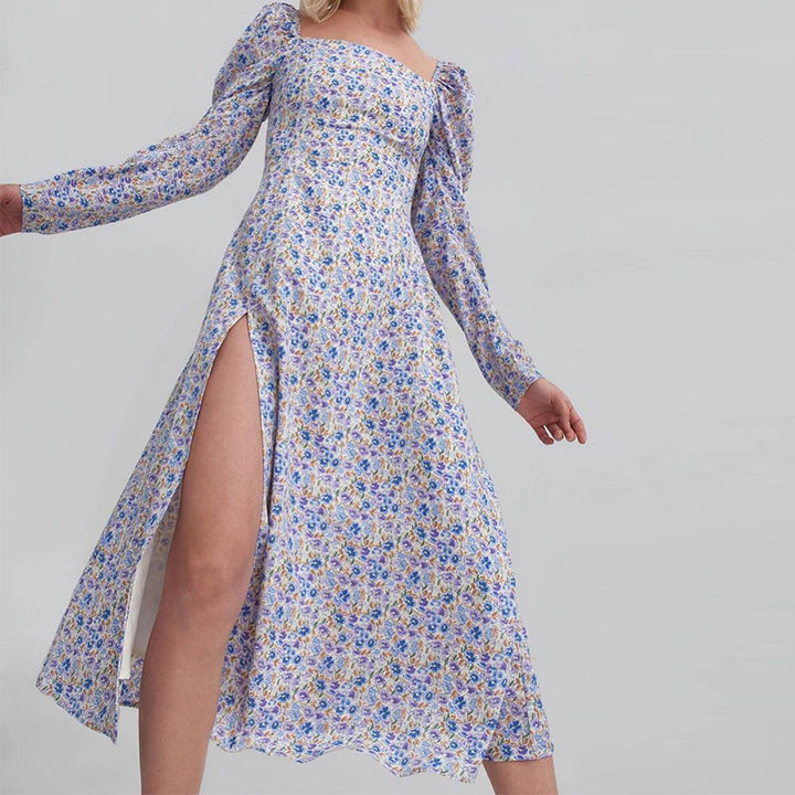 Damen Midikleid mit quadratischem Ausschnitt, tailliertem Bustier-Oberteil, Puffschulter und hohem Beinschlitz Drune