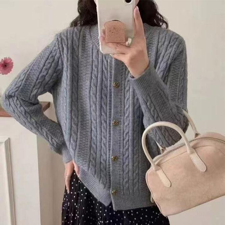 Damen elegante Strickjacke mit Zopfmuster und dekorativen Knöpfen Drune