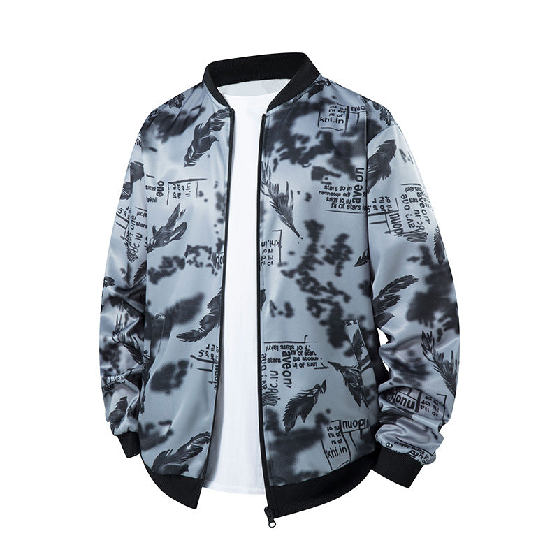 Herren Bomberjacke mit Allover‑Federprint, Satinoptik und geripptem Kragen Drune
