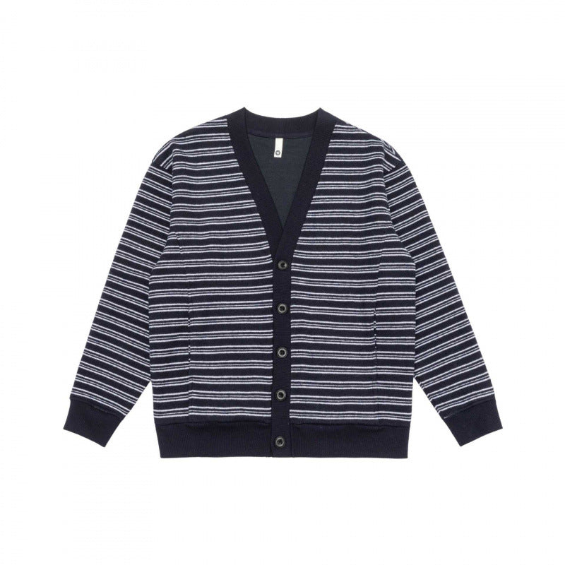 Unisex Gestreifte Boxy-Strickjacke mit V‑Ausschnitt, Knopfleiste und gerippten Abschlüssen Drune