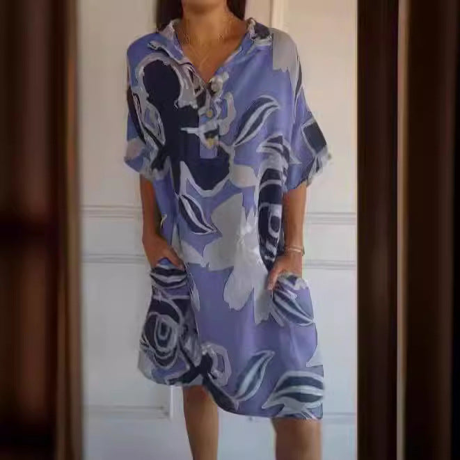 Damen luftiges Strandkleid mit modischem Muster und seitlichen Taschen Drune