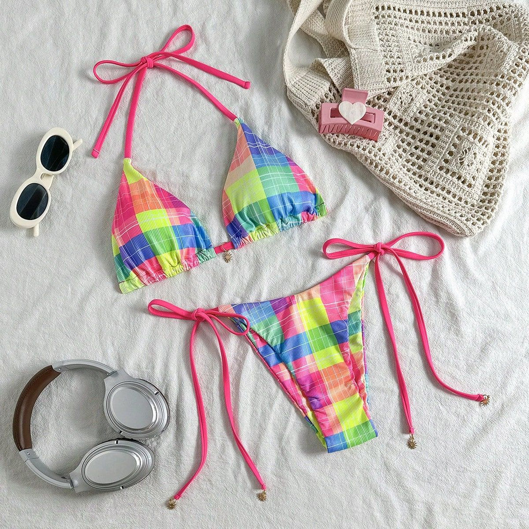 Damen Bunt karierter Triangel-Bikini mit seitlichen Bindebändern Drune