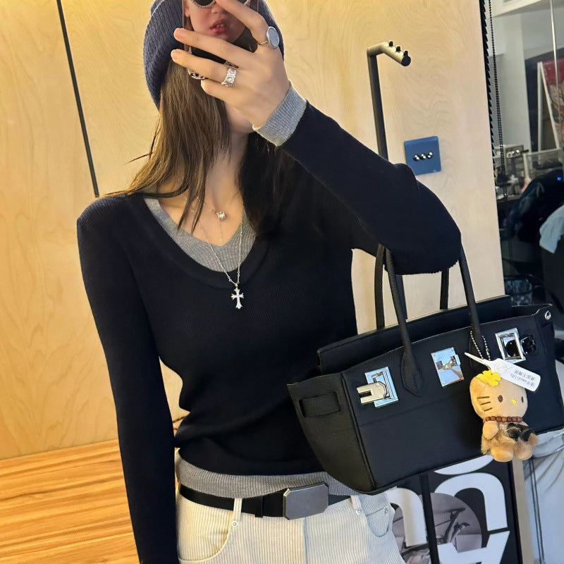 Damen V-Ausschnitt Feinstrickpullover mit Kontrastbündchen Drune