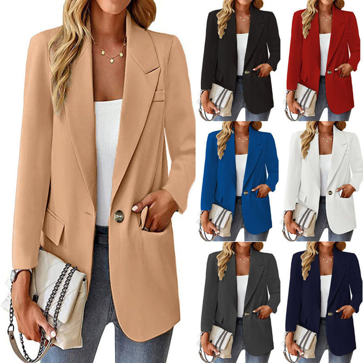 Damen Longline-Blazer im Oversize-Stil mit markantem Revers, Metallknopf und Pattentaschen Drune