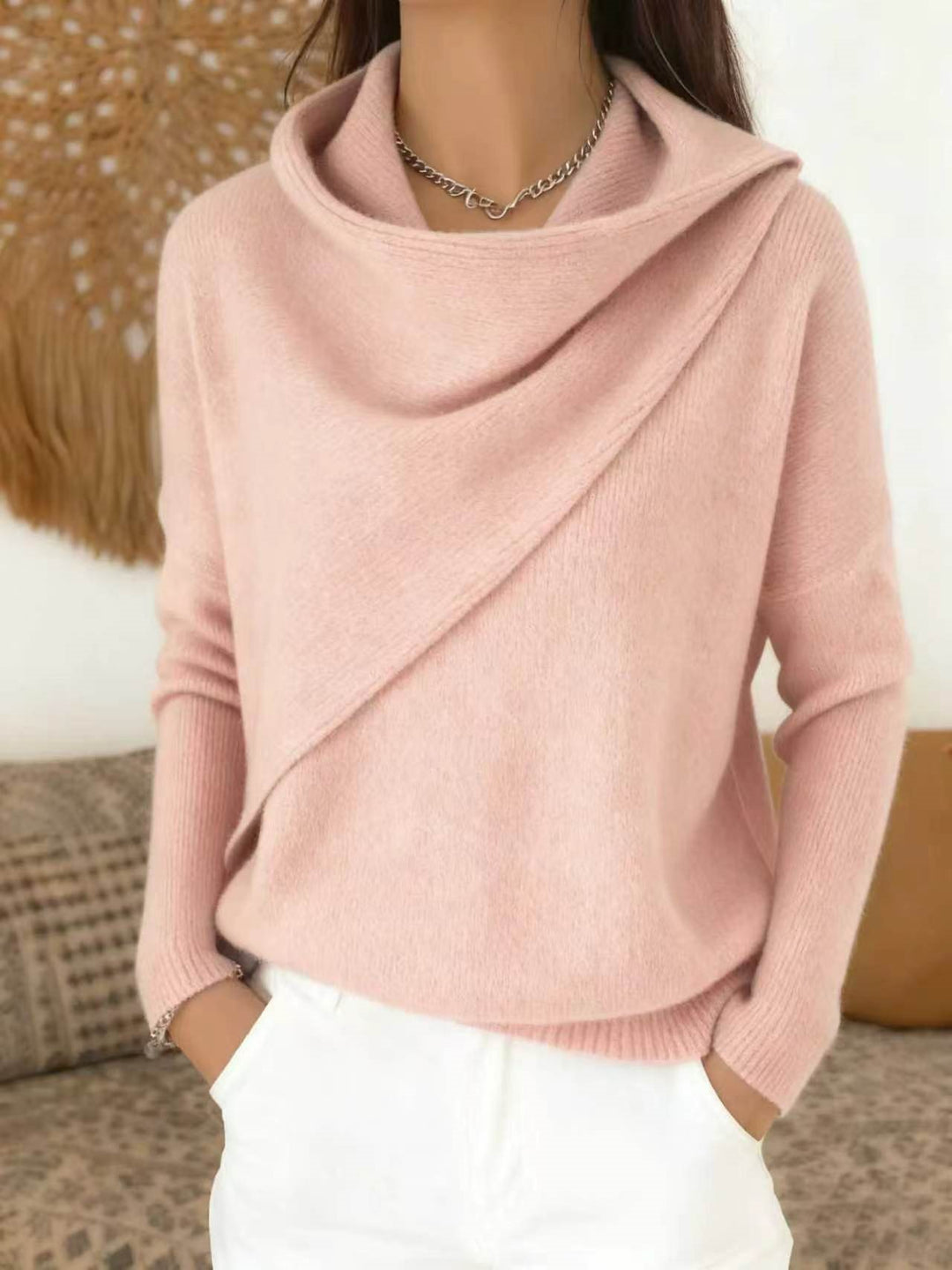 Damen Asymmetrischer Grobstrick-Pullover mit Schalkragen Drune