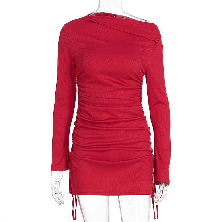 Damen Elegantes figurbetontes Kleid mit asymmetrischem Ausschnitt und Raffungen Drune