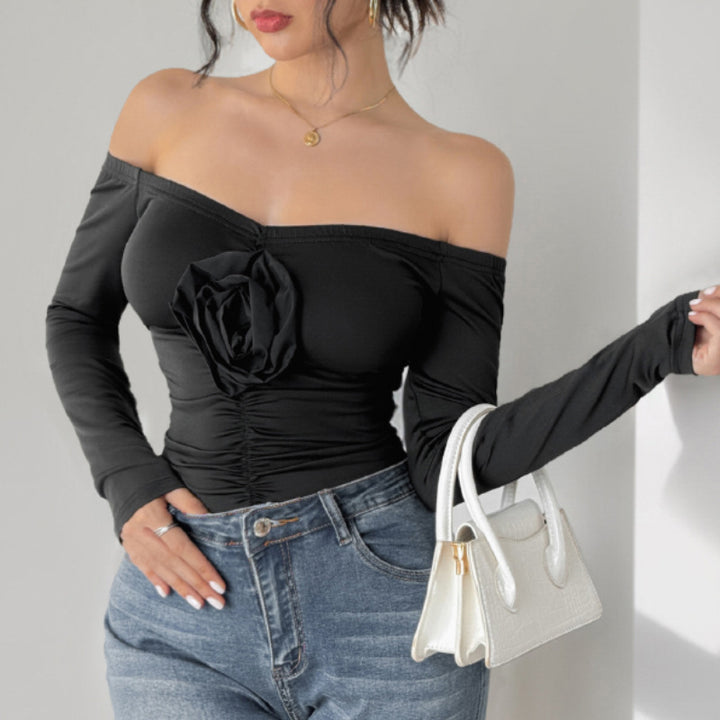 Damen Schulterfreies Longsleeve mit Rosenapplikation und taillierter Raffung Drune