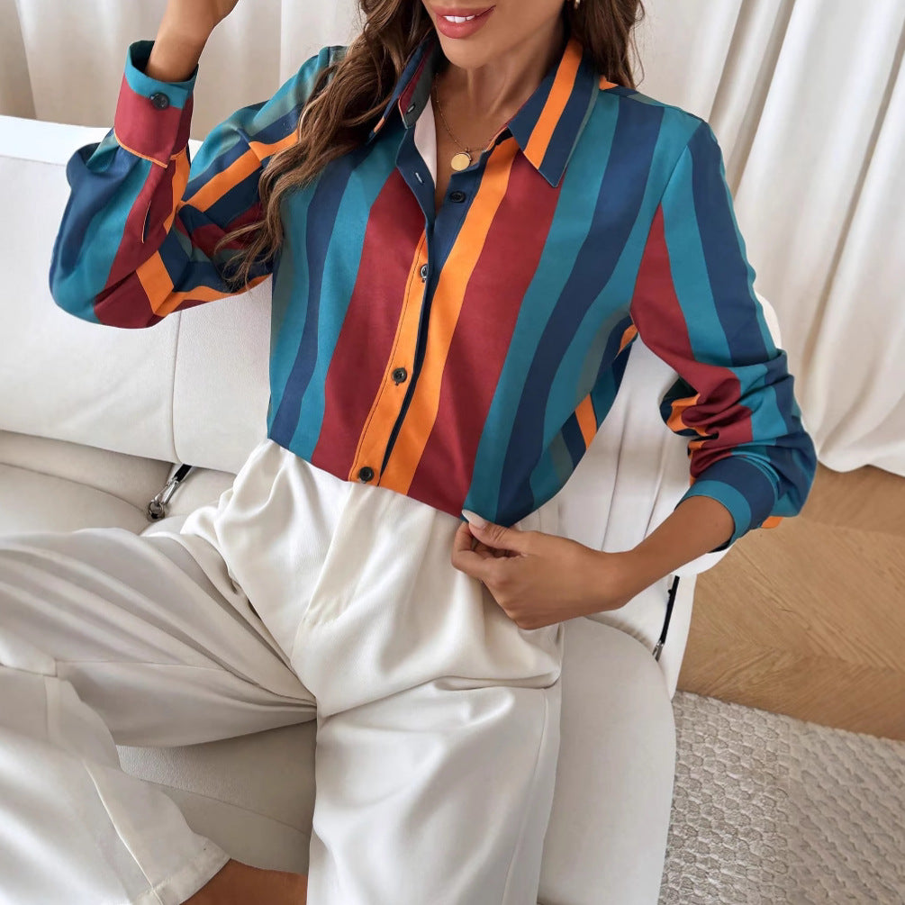 Damen Bluse mit farbenfrohem Streifenmuster und eleganter Knopfleiste Drune