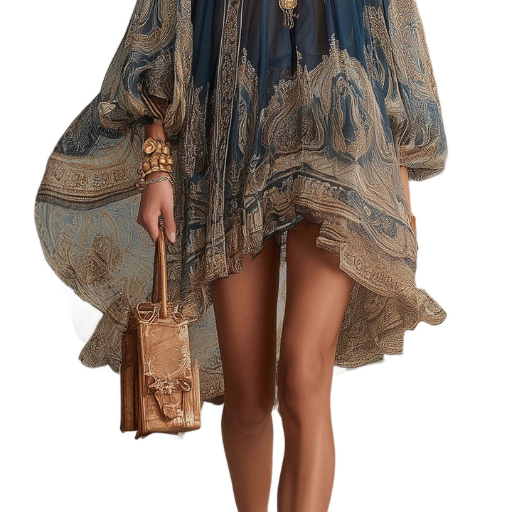 Damen Ätherisches Chiffon Tunika Kleid mit Hohem Stehkragen und Ballonärmeln Drune