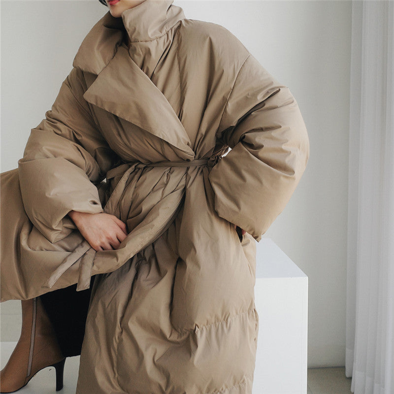 Damen Oversized Steppmantel Maxi mit hohem Stehkragen, Bindegürtel und winddichter Füllung Drune