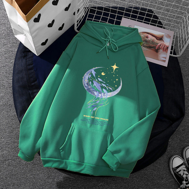 Damen nan Kapuzenpullover mit Mond‑und‑Wal-Illustration, Oversize-Schnitt und Kängurutasche Drune