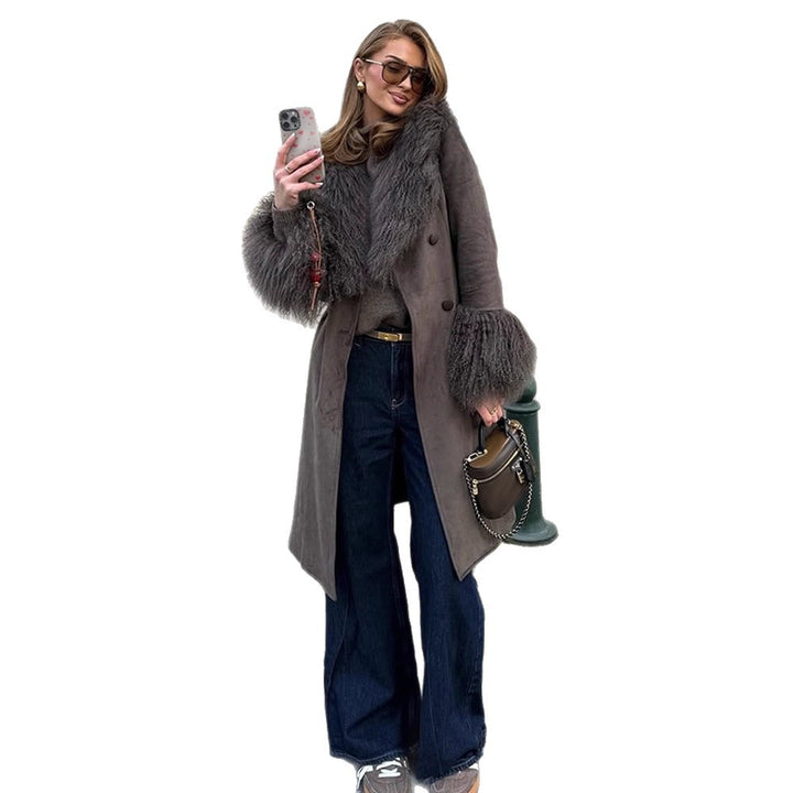 Damen Mantel aus Veloursleder‑Optik mit voluminösem Faux‑Fur‑Schalkragen, Fellmanschetten & Taillengürtel Drune