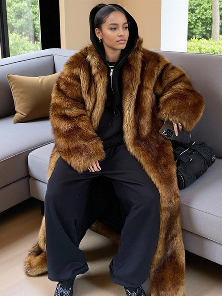 Damen Oversize Kunstpelz-Mantel mit Kapuze und luxuriöser Felloptik Drune