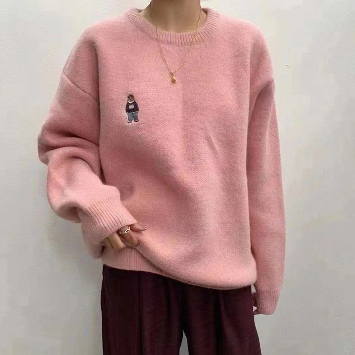 Damen Kuscheliger Basic Pullover mit niedlichem Stickmotiv Drune