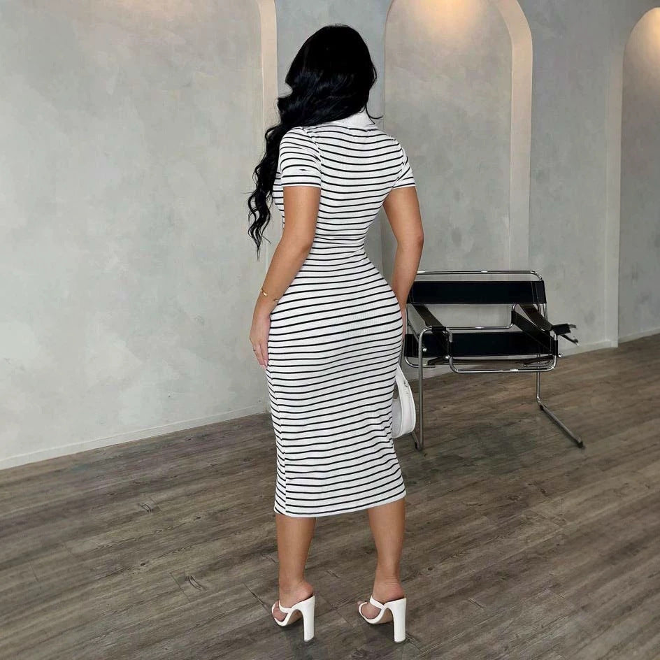 Damen Figurbetontes Polokleid im Streifen‑Look aus Rippstrick mit kurzem Ärmel Drune
