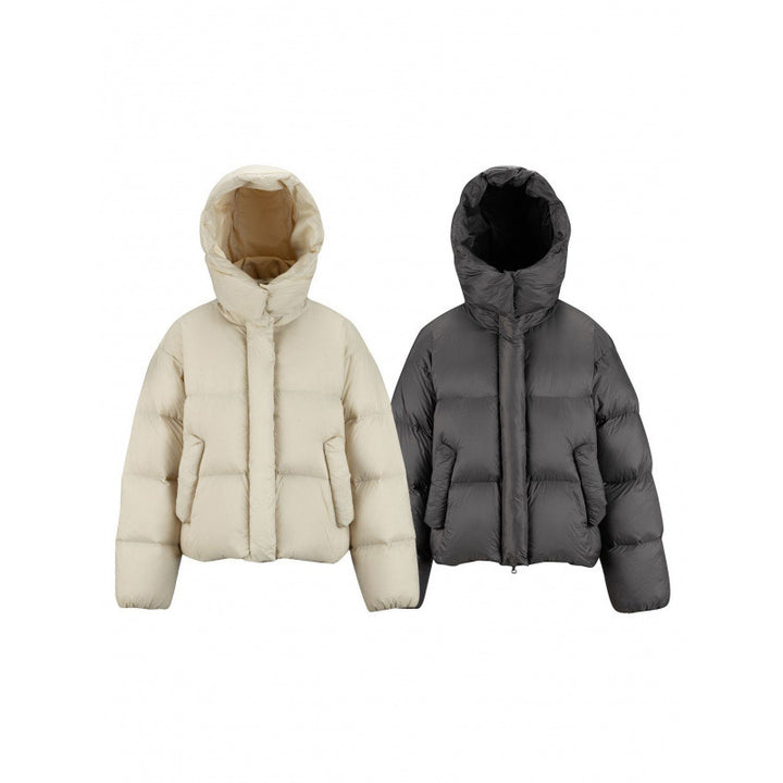Damen Kurz gepolsterte Crop‑Steppjacke mit Volumen‑Kapuze und verdeckter Druckknopfleiste Drune