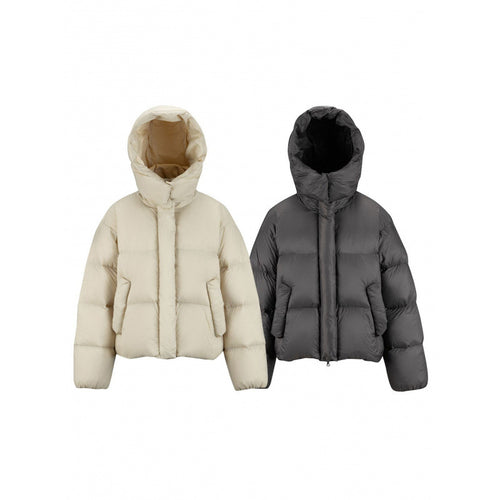 Damen Kurz gepolsterte Crop‑Steppjacke mit Volumen‑Kapuze und verdeckter Druckknopfleiste Drune