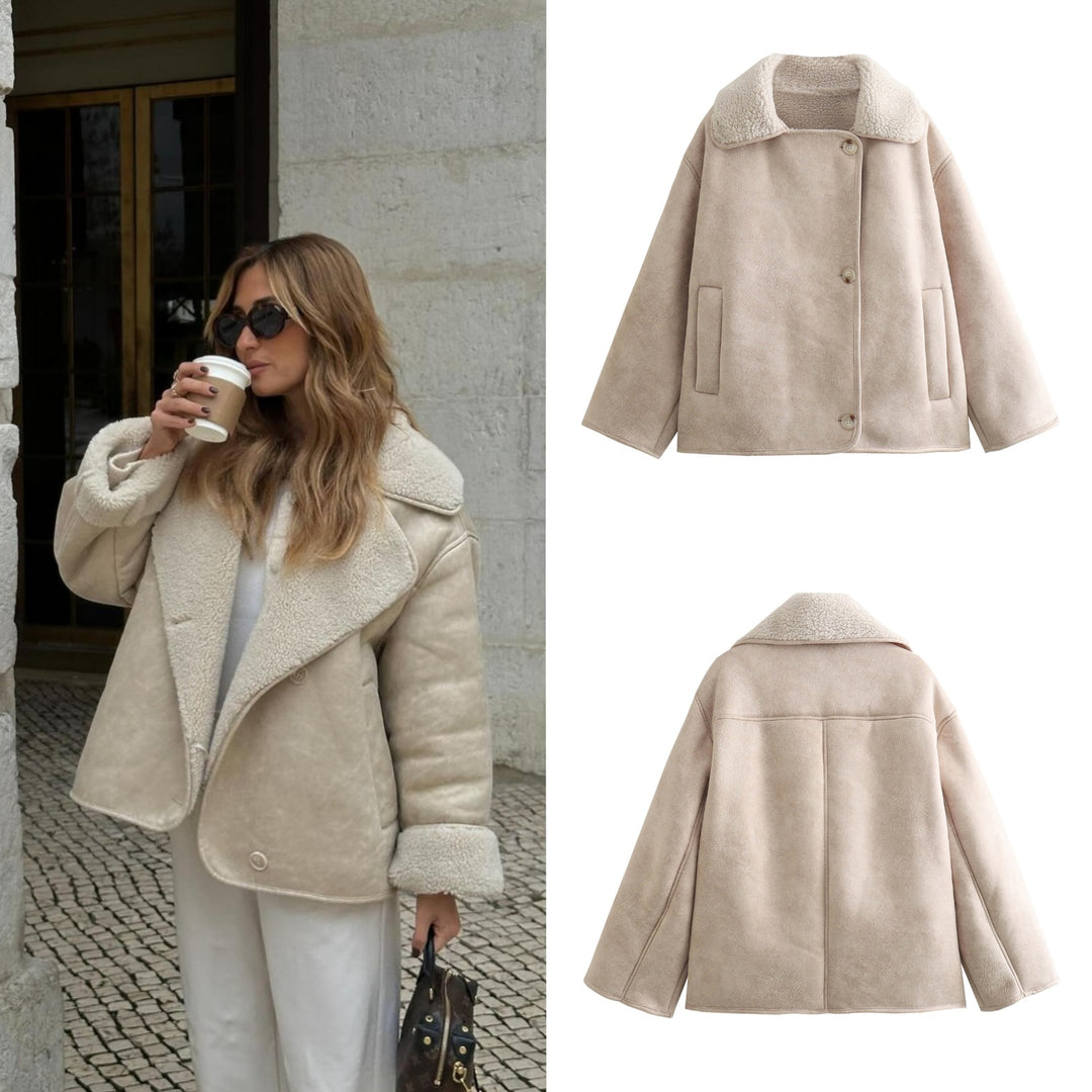 Damen Boxy Jacke in Lammfelloptik mit Teddyfutter und großem Umlegekragen Drune