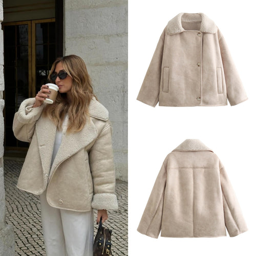 Damen Boxy Jacke in Lammfelloptik mit Teddyfutter und großem Umlegekragen Drune