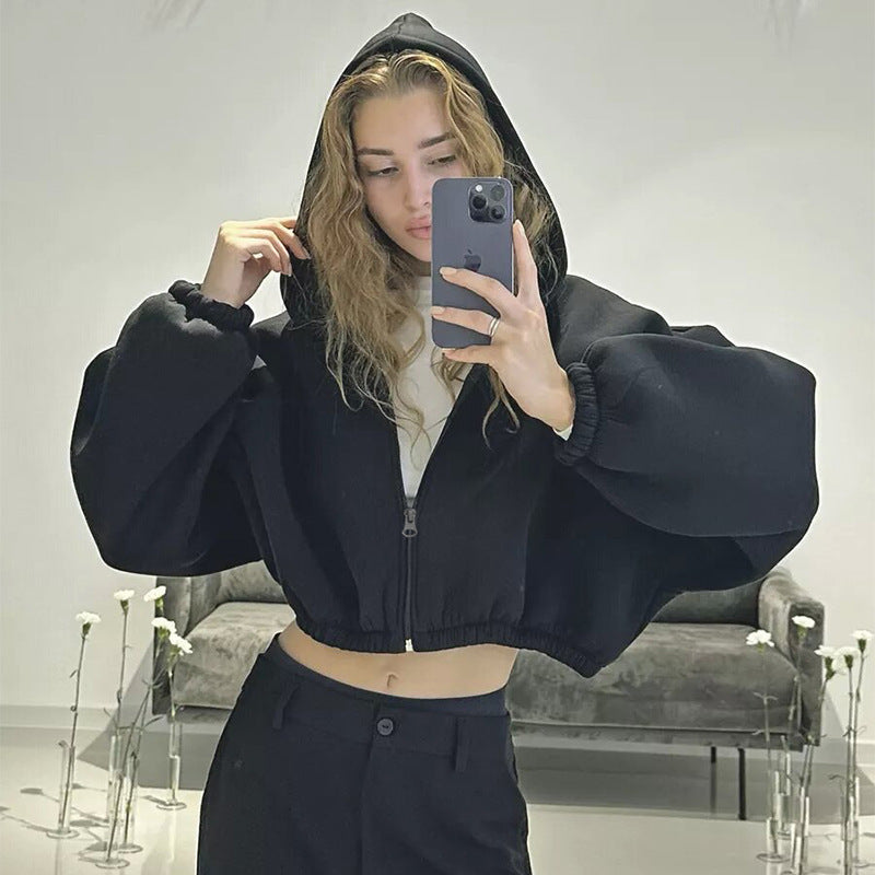 Damen nan oversized Kapuzenjacke kurz geschnitten mit elastischem Saum und Ballonärmeln Drune