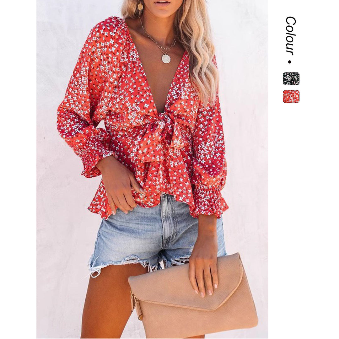 Damen Blusentop mit verspieltem floralem Muster und elegantem Knotendetail Drune