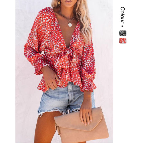 Damen Blusentop mit verspieltem floralem Muster und elegantem Knotendetail Drune
