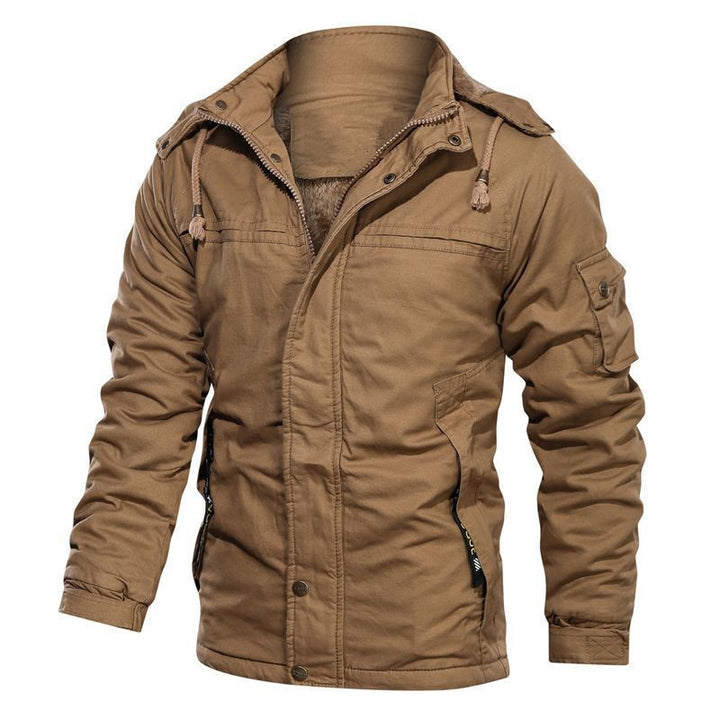 Herren robustes Canvas-Militärblouson mit wärmender Teddyfutter‑Innenlage und Kapuze Drune