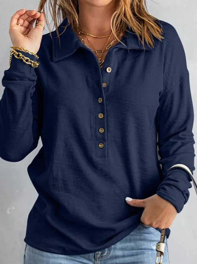 Damen Langarm-Waffelshirt mit Hemdkragen und Knopfleiste Drune