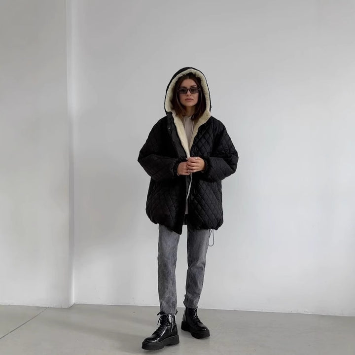 Damen Oversize Steppjacke mit Teddyfutter und Kapuze Drune
