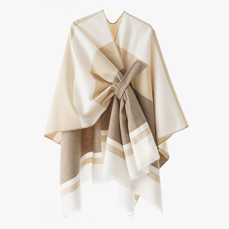 Damen Oversize-Capeponcho aus Wollmix mit Bindeschlaufe und Streifenbordüre Drune