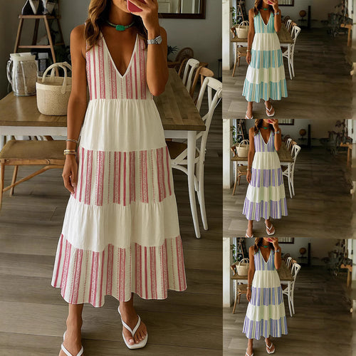 Damen Sommerliches Maxikleid mit tiefem V-Ausschnitt und breitem Rock Drune