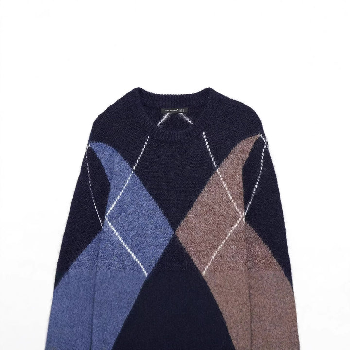 Damen nan grobgestrickter Argyle-Pullover mit Rundhalsausschnitt, überschnittener Schulter und breitem Rippenbund Drune