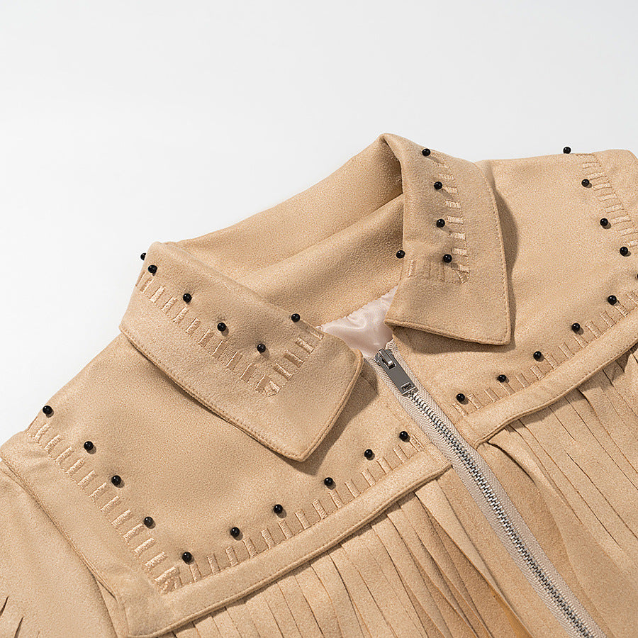 Damen nan kurze Fransenjacke im Wildlederlook mit Nietenbesatz Drune