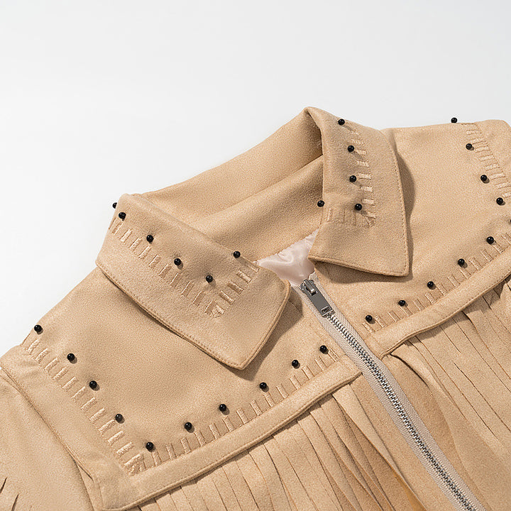 Damen nan kurze Fransenjacke im Wildlederlook mit Nietenbesatz Drune