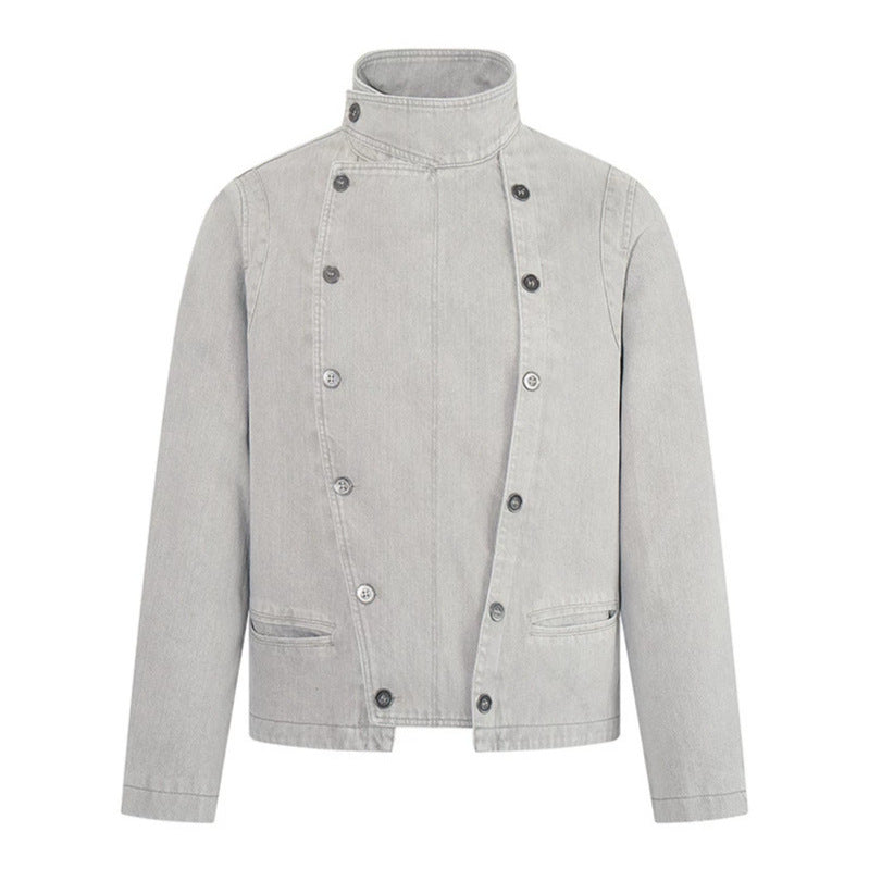 Herren asymmetrische Jeansjacke mit Stehkragen und zweireihiger Druckknopfleiste Drune