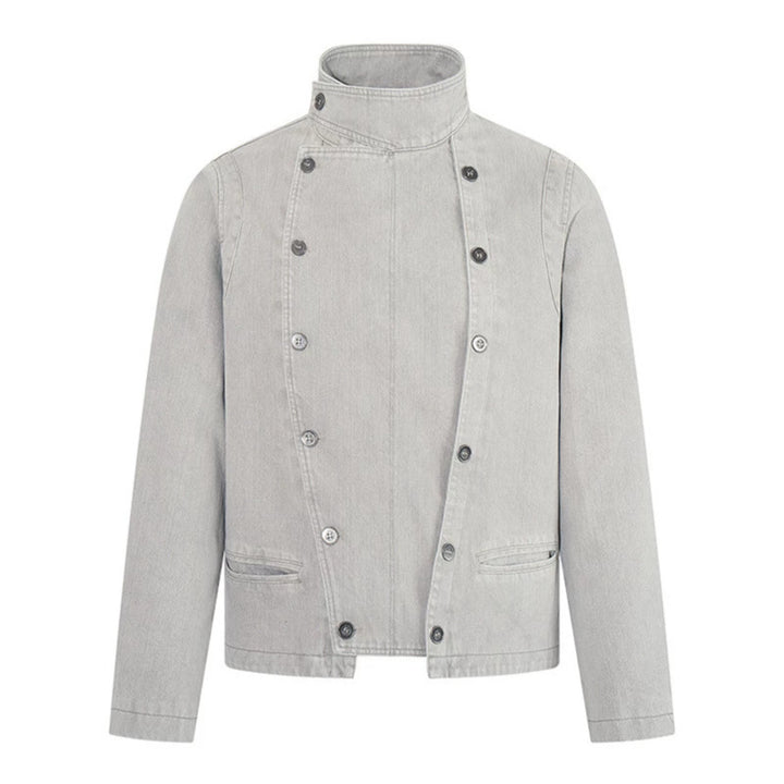 Herren asymmetrische Jeansjacke mit Stehkragen und zweireihiger Druckknopfleiste Drune