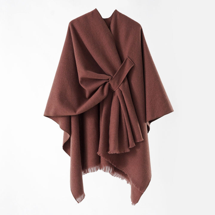 Damen Strickponcho mit geometrischem Blockmuster und Fransen Drune